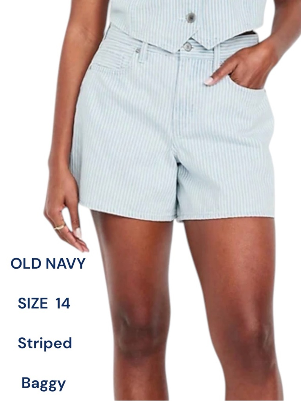 Old Navy Jean Shorts High Waisted Light Blue Striped Baggy 5” Inseam Size 14
